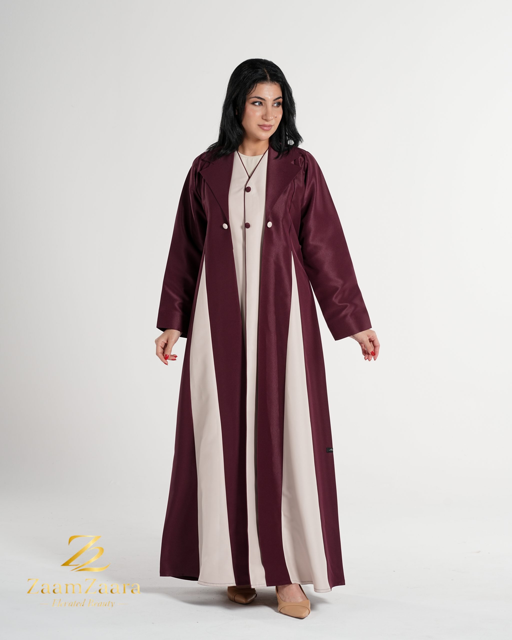 Maroon Contrast Panel Coat Style Abaya