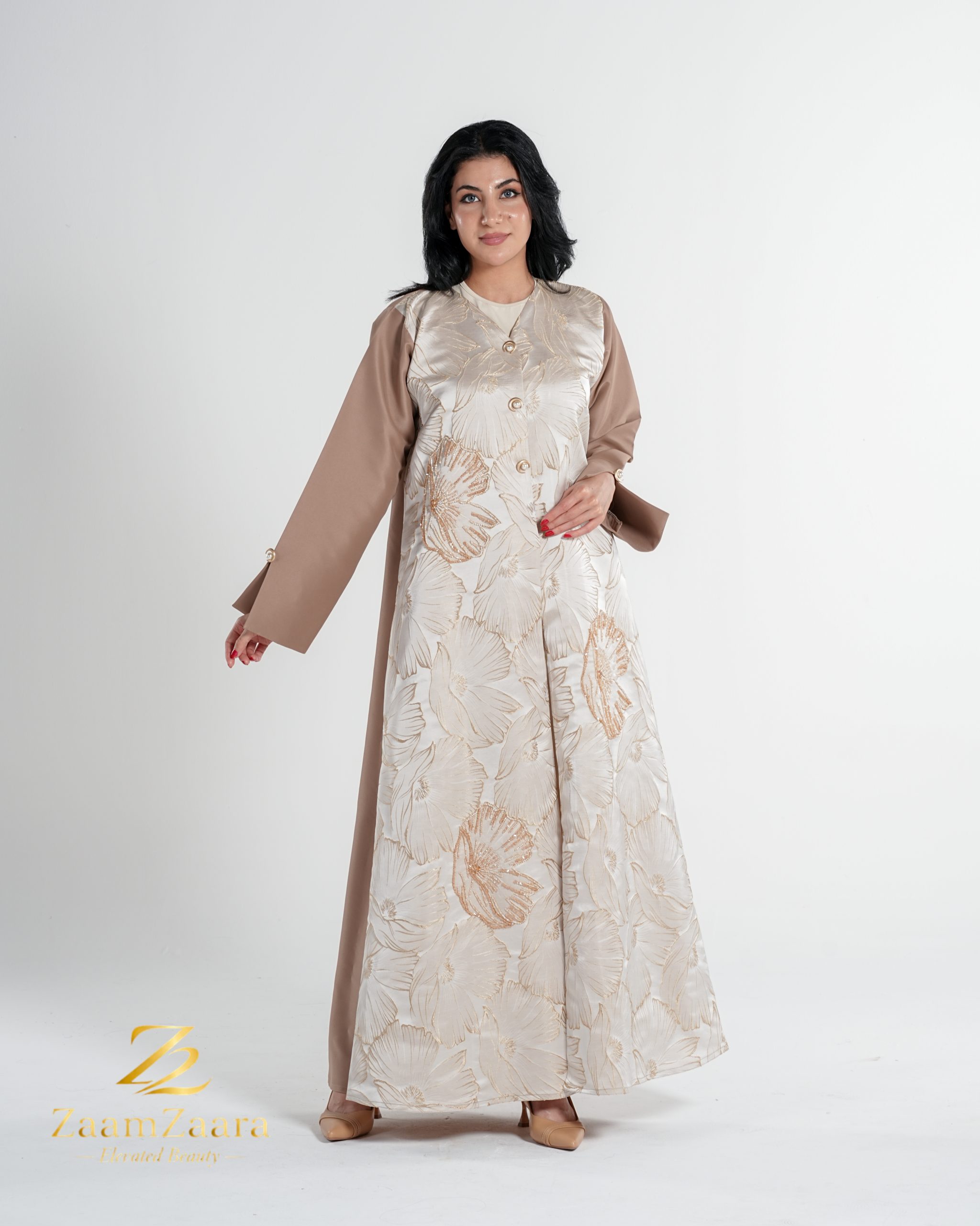 Beige & Ivory Floral Abaya