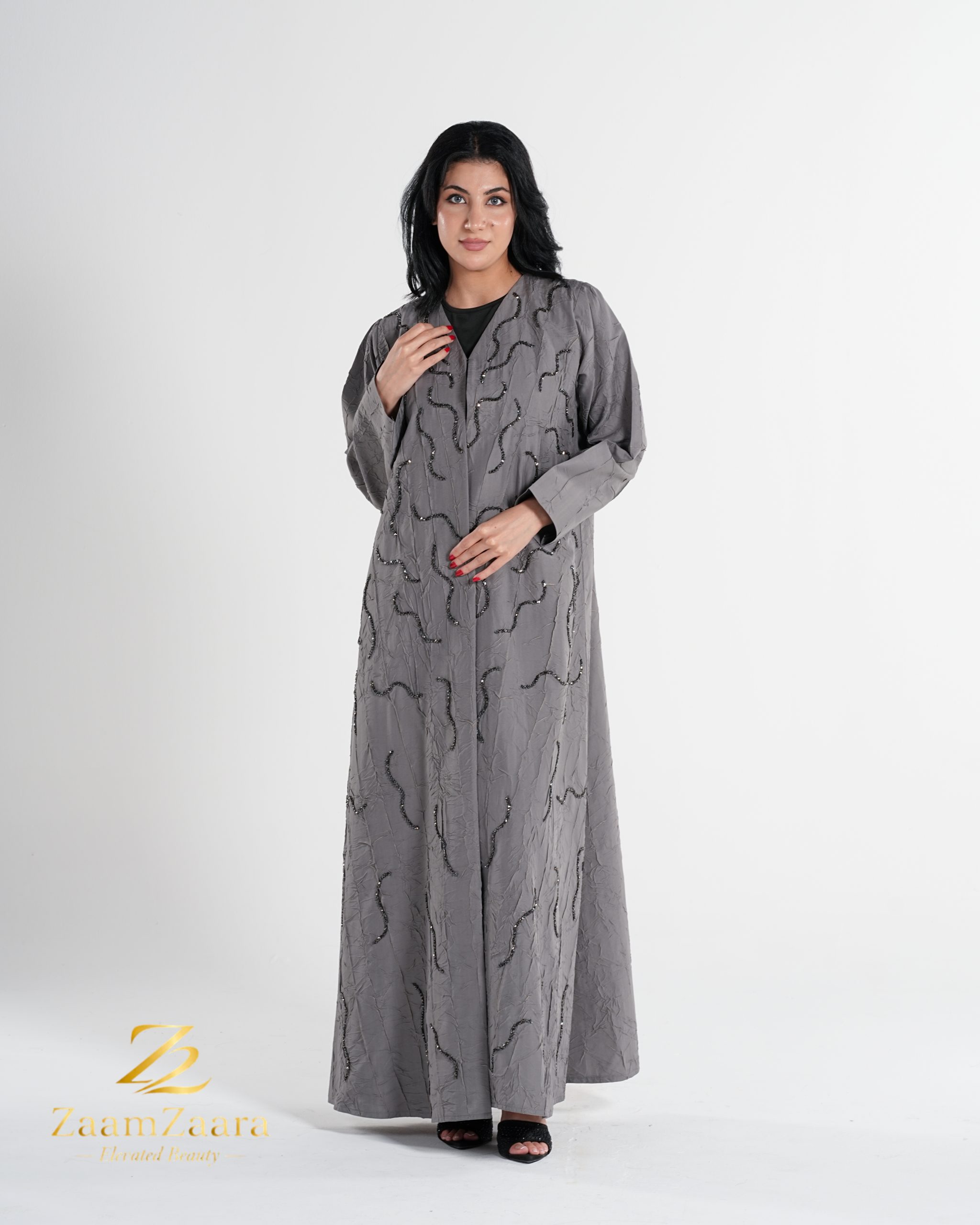 Grey Textured Beaded Abaya