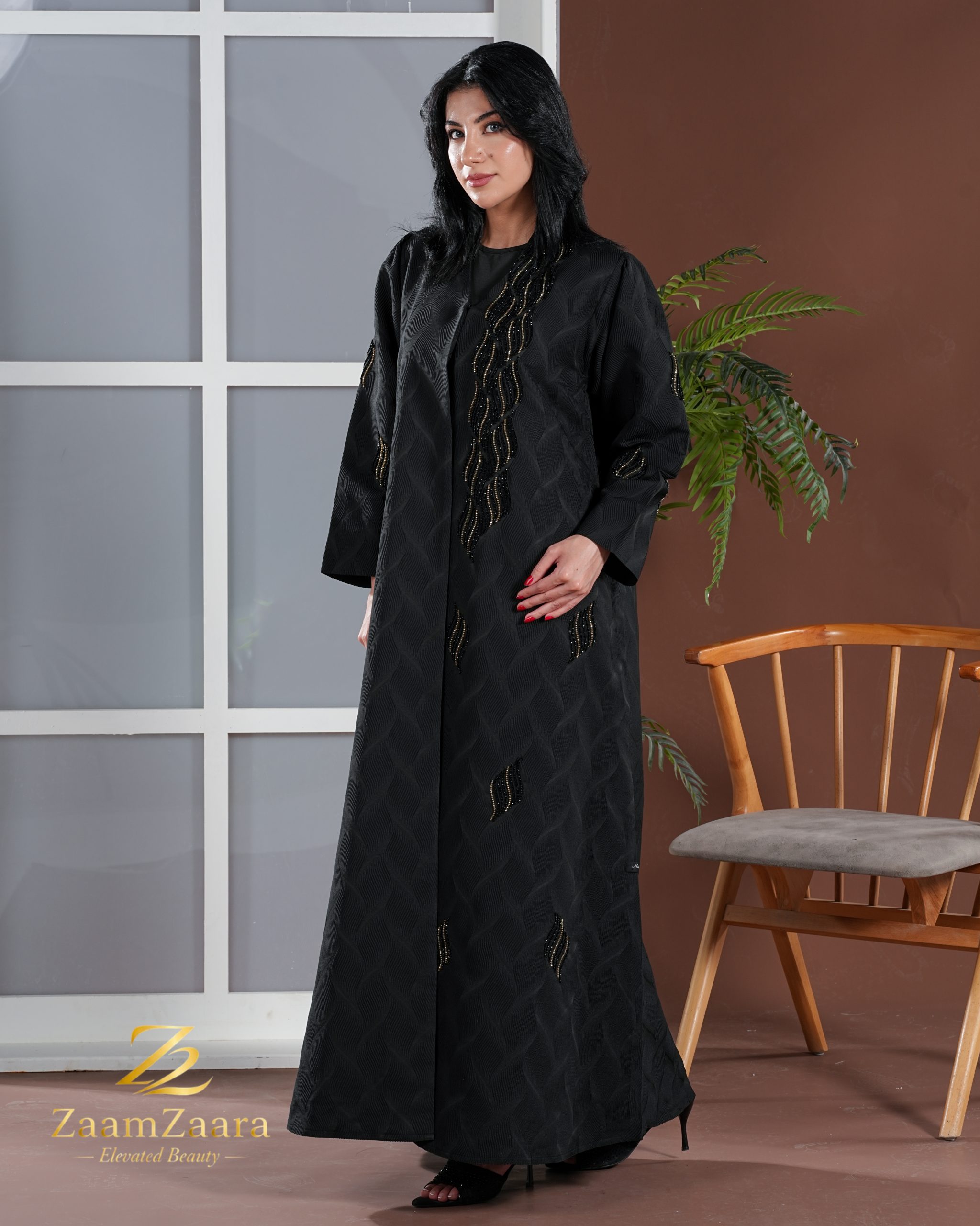 Black Wave Bead Embroidered Abaya