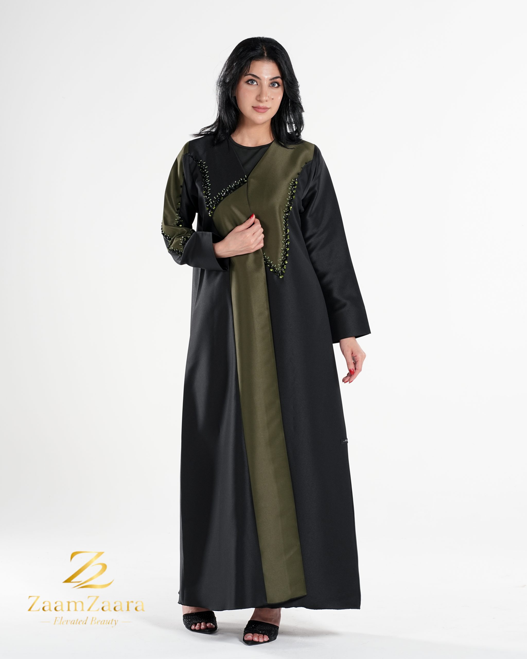 Black Olive Two Tone Embroidered Abaya
