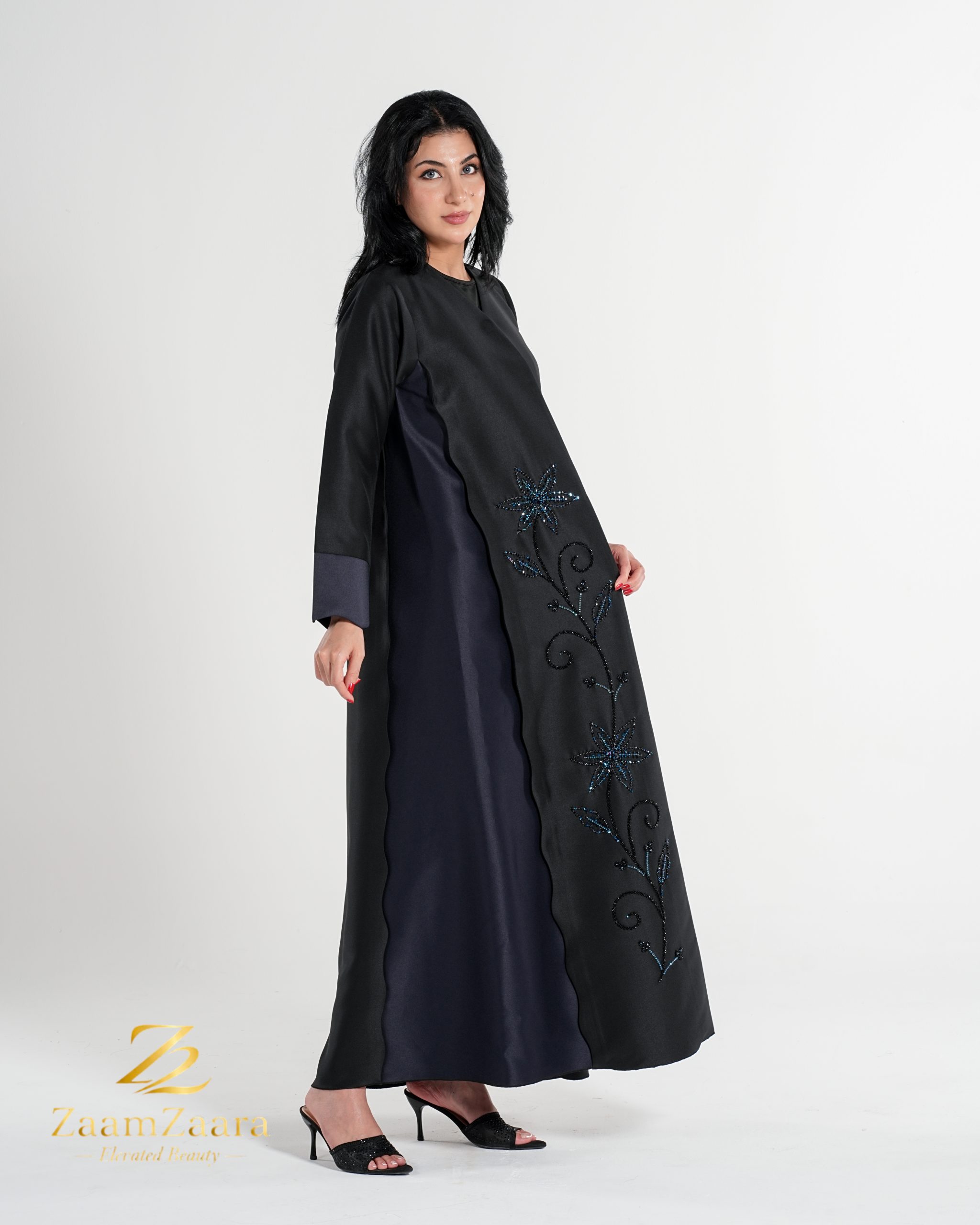 Black Navy Floral Embroidered Abaya