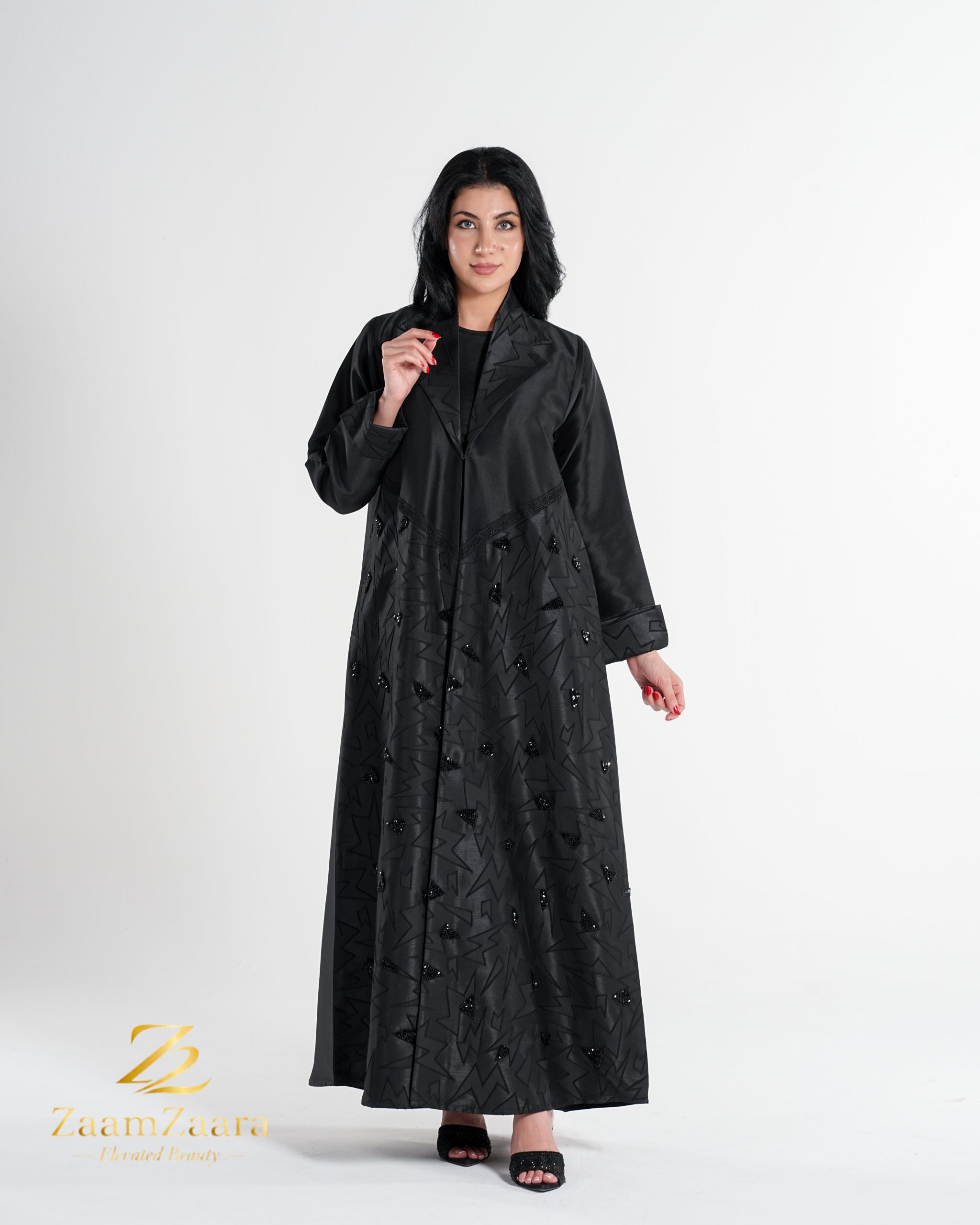 Black Geometric Jacquard Satin Embellished Abaya