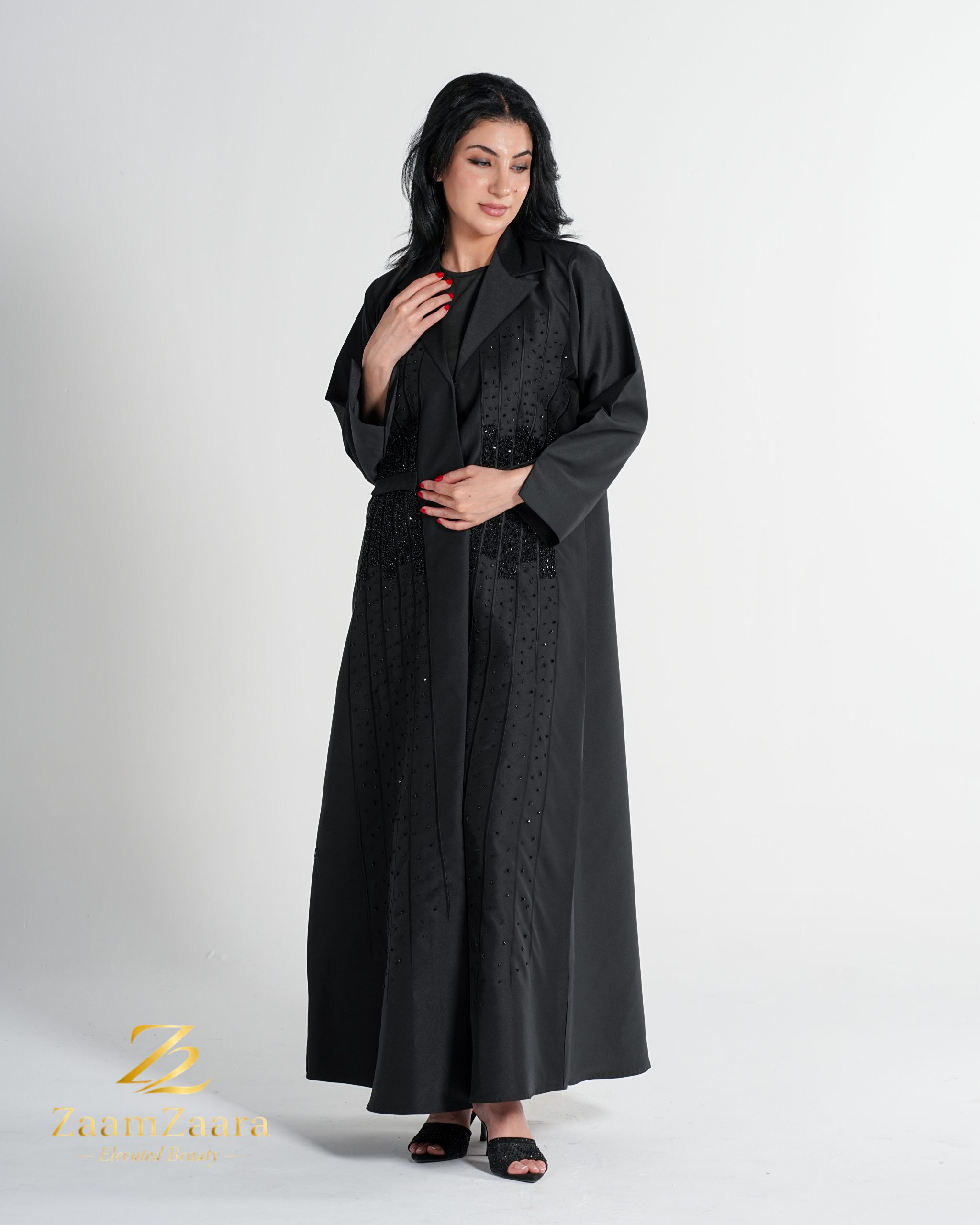 Black Beaded Panel Satin Abaya