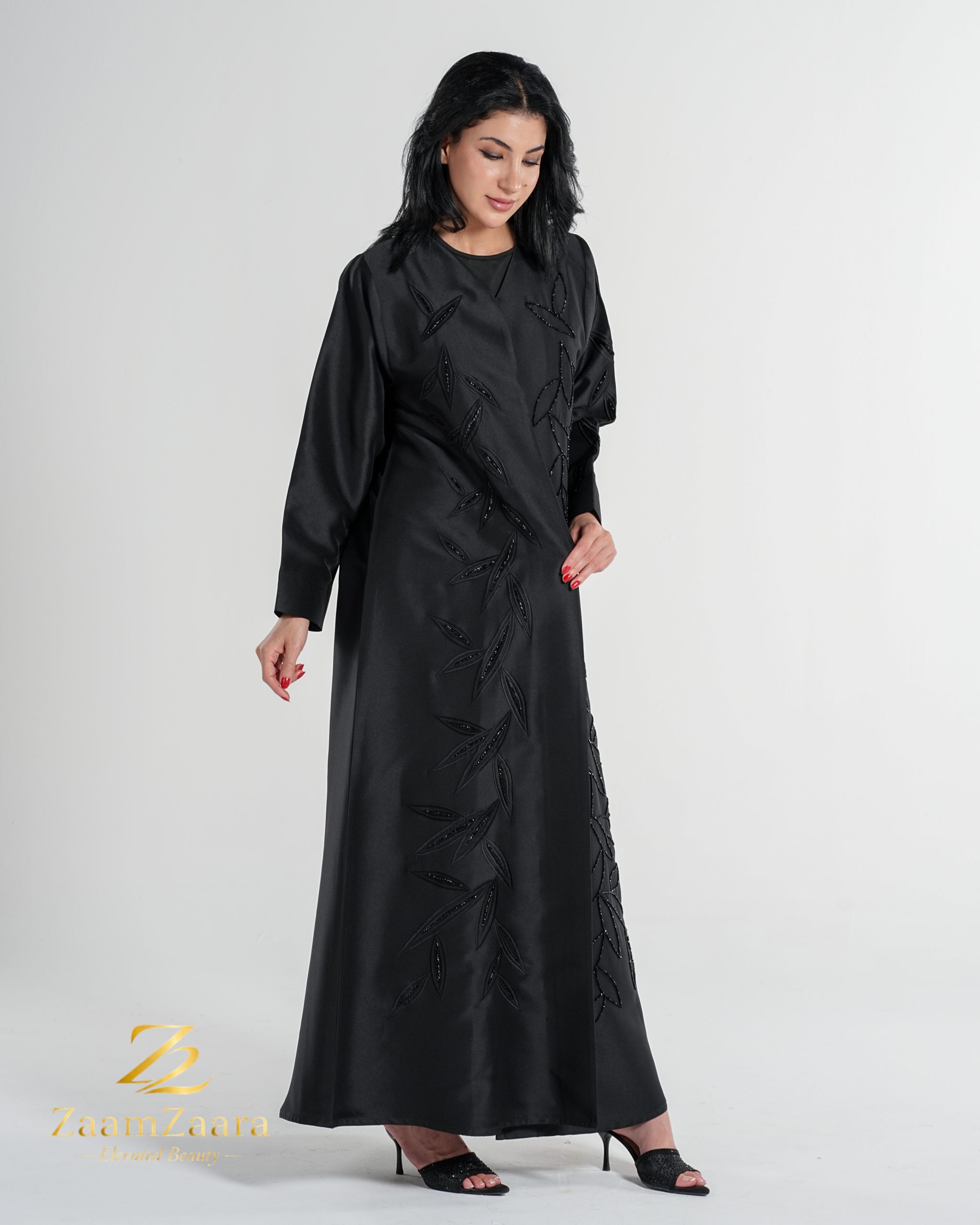 Leaf Embroidered Satin Designer Abaya